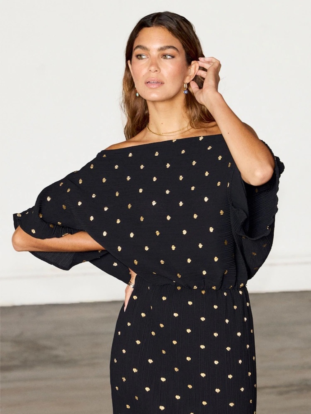 New Never Fully Dressed black Tilly plisse dress with gold flecks